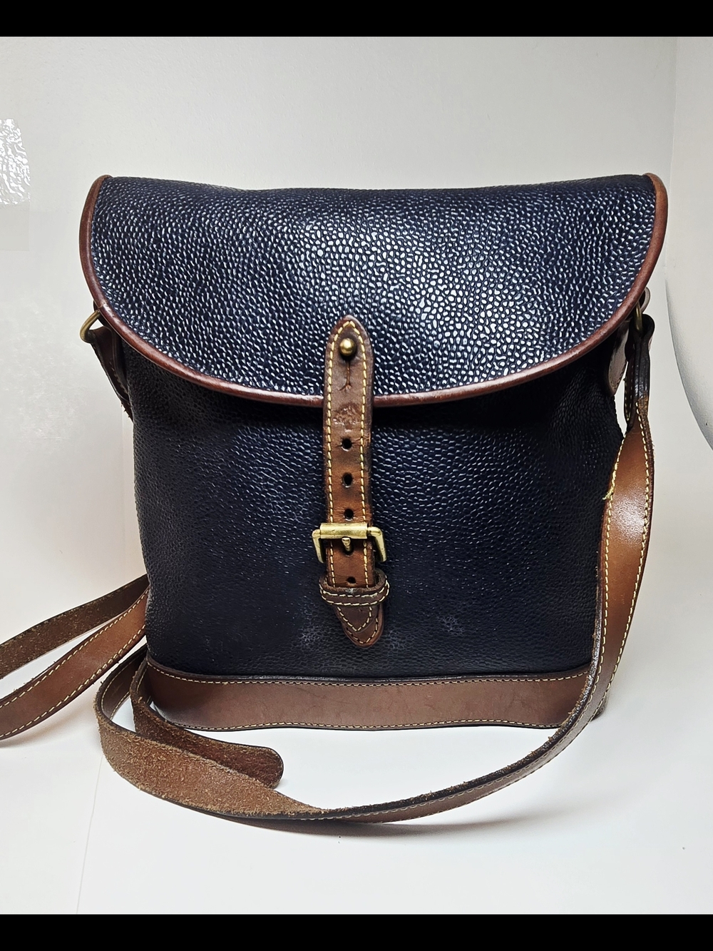 Vintage Mulberry Crossbody Bag Black Scotchgrain Leather Brown Trim - Picture 2 of 11